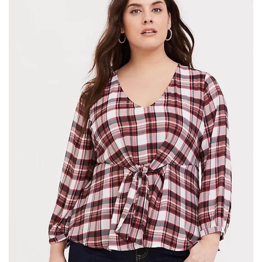 Torrid Red Plaid Georgette Tie Front Blouse
